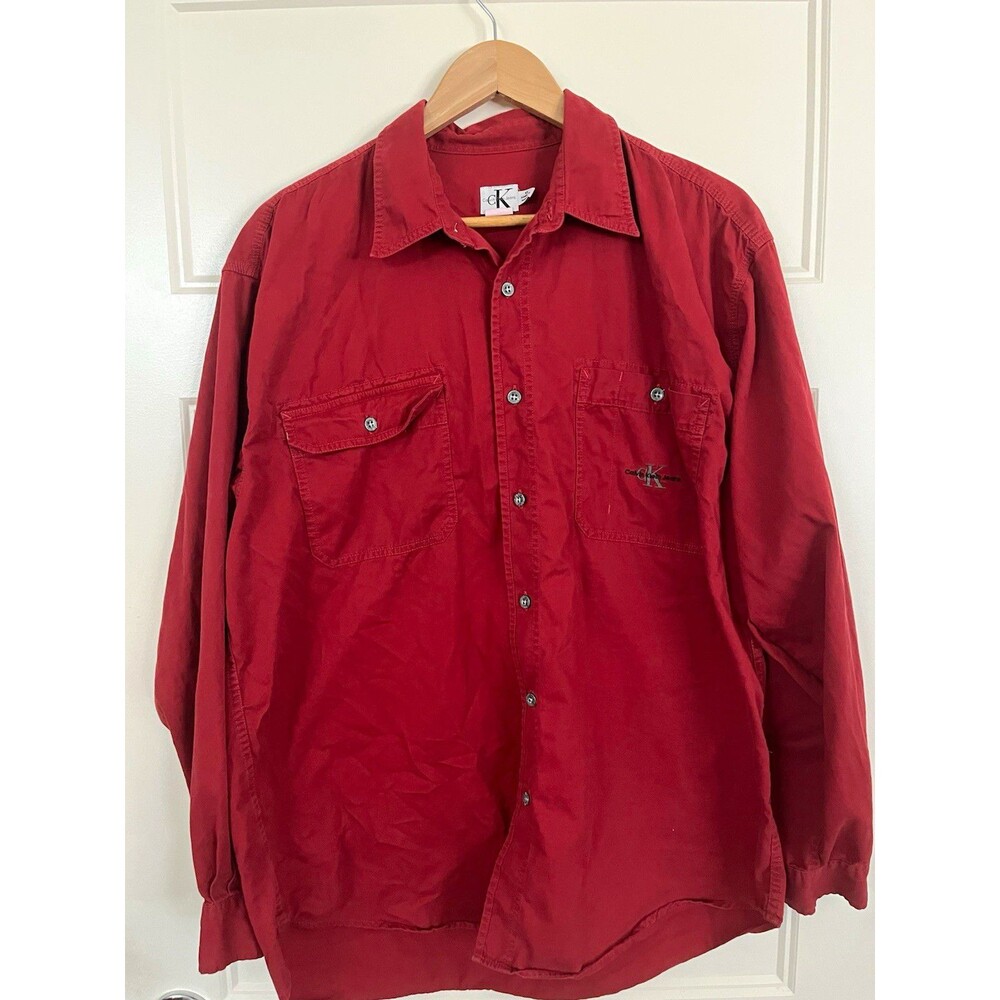 Vintage Calvin Klein Jeans Men’s Red Solid Woven Button-Up Collar Shirt Cotton